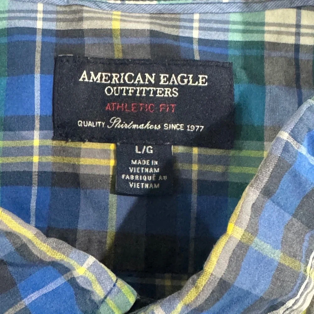 American Eagle Outfitters Shirt Blue Plaid Button‎ Down Mens Large L Preppy